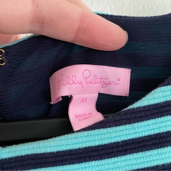 LILLY PULITZER ~ BRIELLA Fit and Flare Dress Navy & Turquoise Stripe Sz M - Picture 6 of 10
